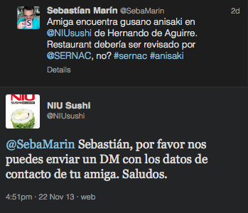 @SebaMarin lanza un tuit de reclamo y @NIUsushi responde rápidamente.